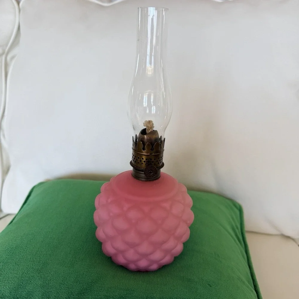 Antique Pink Diamond Miniature Kerosene Oil Lamp Clear Shade Brass Pat 1877 9.5